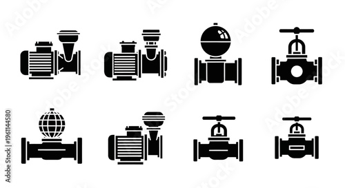Collection of black silhouette industrial pumps and various pipeline valves, isolated white background.