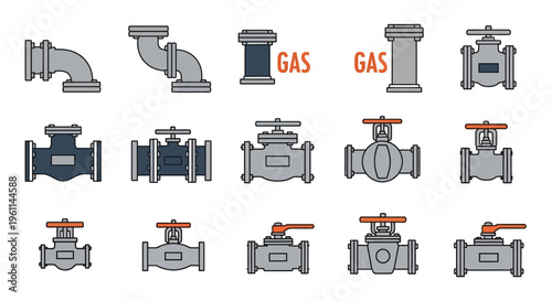 Set of gas pipes, industrial valves, and pipeline elements as flat icons on a light beige background, energy and utility concept.