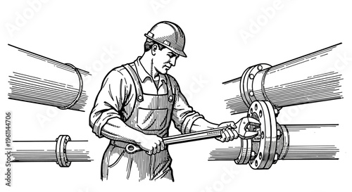 Dedicated male worker tightening a pipe flange with a large wrench in an industrial setting, black and white line art illustration.