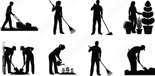 gardening, landscaping, silhouette, workers, plants, lawn, mowing, raking, watering, digging, outdoor, maintenance, yard, nature, activity, black, isolated, illustration, background