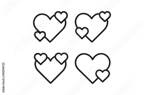 Four arrangements of line art hearts with smaller hearts above