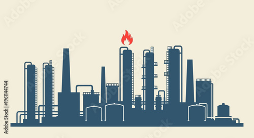 Industrial factory or oil refinery silhouette with smokestacks and a burning flame, in a bright studio.