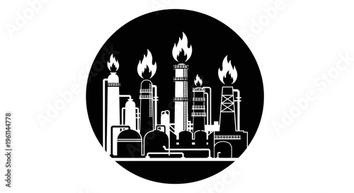 Silhouette of an industrial factory or oil refinery with burning flames from smokestacks inside a black circle, isolated white background.