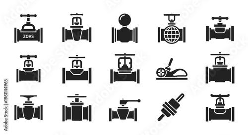 Comprehensive set of industrial and plumbing icons in black silhouette on bright studio background.