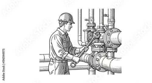 Diligent Male Pipeline Worker Repairing Industrial Pipes and Valves with Wrench in Monochrome on Isolated White Background