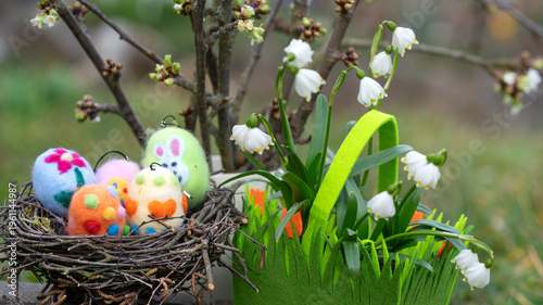 garden in spring season with easter decoration