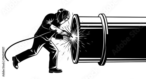 Skilled Welder Man Doing Arc Welding on Large Industrial Pipe in Monochromatic Style on Gray Background