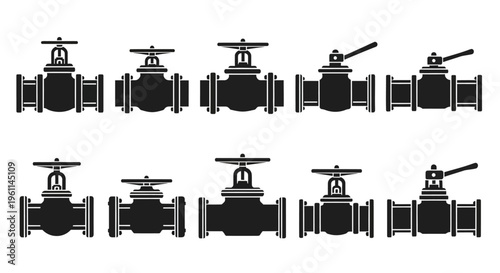 Set of industrial and plumbing valves in black silhouette on a bright studio background.