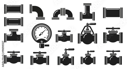 Black Industrial Pipe Fittings and Valves with Pressure Gauge Icons on Beige Background