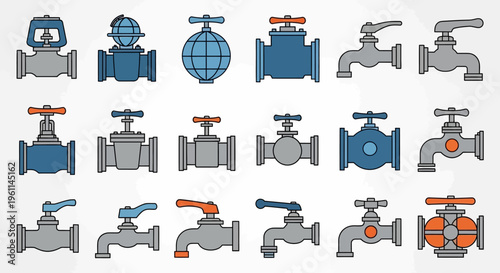 Set of industrial and plumbing valves with faucets in various colors in bright studio.