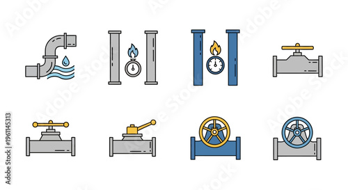 Collection of Colorful Industrial Pipe and Valve Icons on Isolated White Background