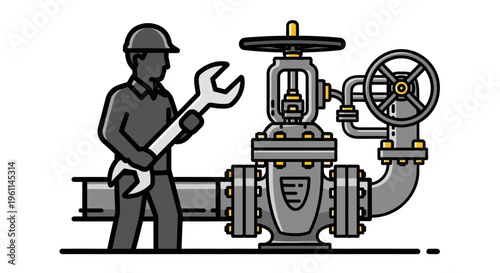 Focused Male Industrial Worker Adjusting Valve with Wrench on Isolated White Background