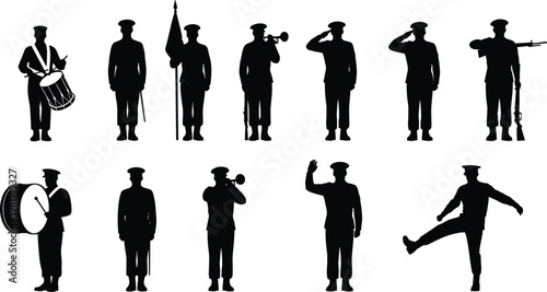 military, band, soldiers, silhouette, marching, music, drum, trumpet, parade, salute, ceremony, uniform, army, performance, patriotic, honor, black, isolated, illustration, background