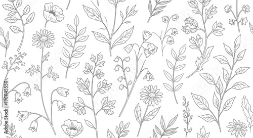 Detailed botanical line art floral pattern.