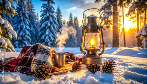 Winter Cottagecore Picnic Blanket with Thermos and Lantern in Snowy Pine Grove