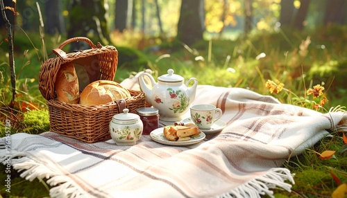 Autumn Cottagecore Picnic with Handwoven Basket and Ceramic Teapot in Woodland