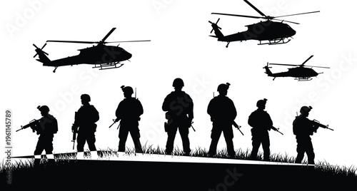 military, soldiers, helicopter, silhouette, army, patrol, air support, combat, mission, security, defense, team, weapon, tactical, operation, black, isolated, illustration, background