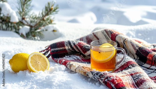 Winter Cottagecore Picnic with Plaid Blanket and Hot Tea in Frozen Forest Clearing