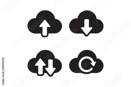 Four black cloud icons depicting different data transfer directions