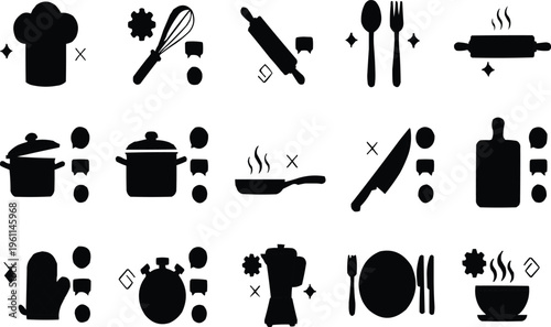 This is a set of kitchen-related icons, designed for use in digital recipe or smart kitchen interfaces.