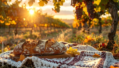 Autumn Cottagecore Picnic with Crochet Blanket and Fresh Bread in Vineyard