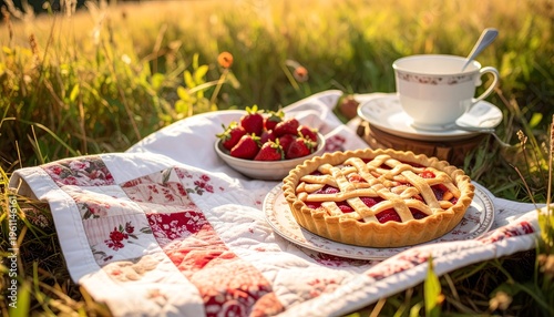 Autumn Cottagecore Picnic with Handmade Quilt and Fresh Berry Tart in Countryside