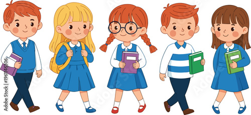 school children, kids, students, cartoon, education, uniform, backpack, books, learning, boys, girls, childhood, cute, characters, class, illustration, isolated, background, vector, set