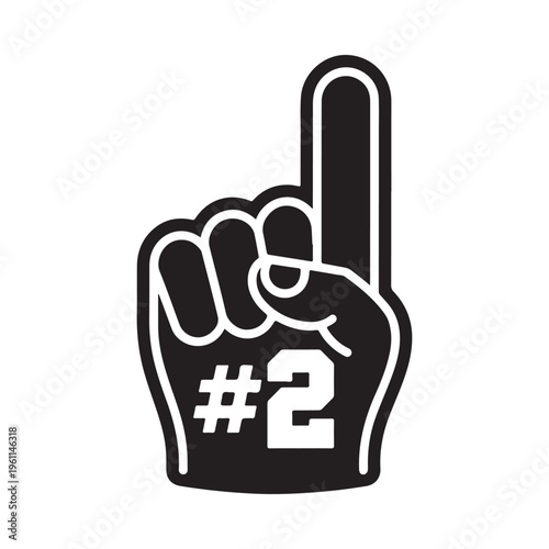 Black and white vector graphic illustration of a foam finger pointing up with the number two