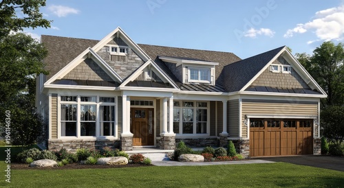 Elegant suburban home with multiple gables and attached garage