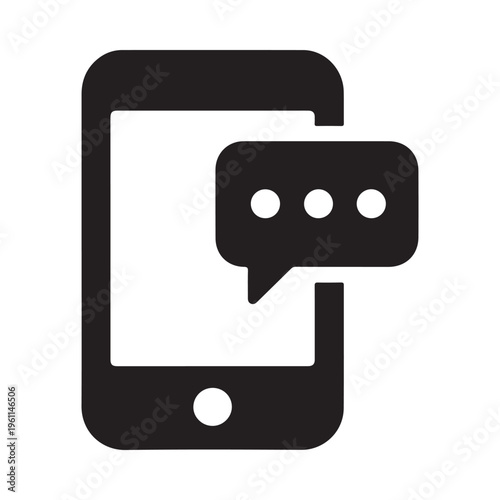Black vector graphic illustration of a mobile phone with a speech bubble