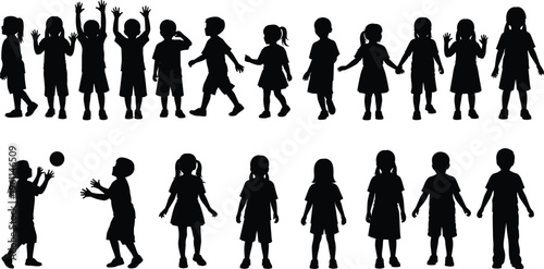 silhouette, collection, children, kids, standing, playing, jumping, holding, hands, diverse, poses, isolated, on, white, background, childhood, activity, fun, vector, illustration