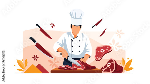 A butcher in a white uniform cuts meat on a wooden board, surrounded by knives and spices, celebrating Eid al-Adha festival, ideal for marketing, advertising, and lifestyle themes.