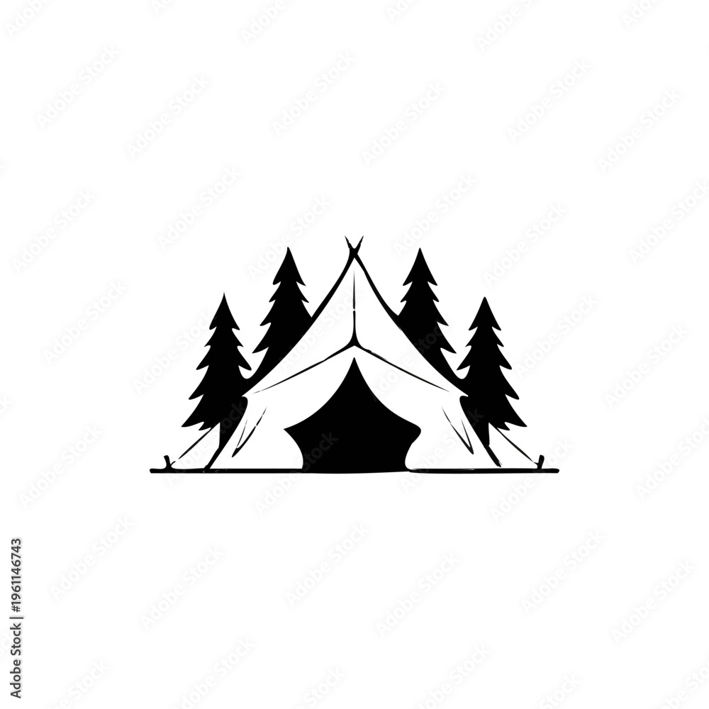 Obraz premium Camping tent silhouette with pine trees and forest landscape.