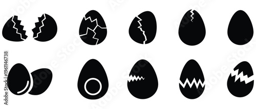 Collection of broken ester egg icon silhouette. Ornament ester eggs set. Crack eggs icon set vector on white background.  Black and white vector icon featuring various ester egg. Vector illustration.