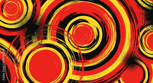 A vibrant abstract artwork featuring red, yellow, and black swirling circles
