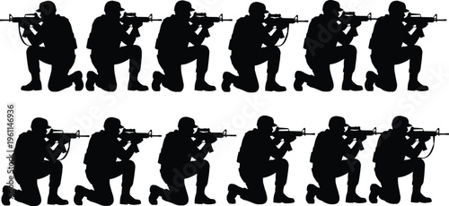 soldier, silhouette, aiming, rifle, kneeling, military, combat, tactical, weapon, army, defense, security, mission, operation, armed, black, isolated, illustration, background, set
