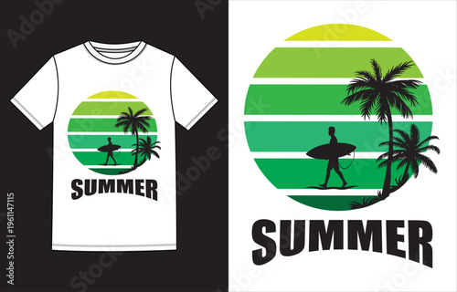 Summer t-shirt design with surfboard and palm trees