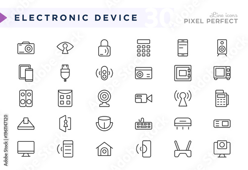 Gadget and Smart Device line icons. Kitchen gadgets, smart speaker, audio, computer, PC, laptop, smartphone vector icon set. Editable stroke