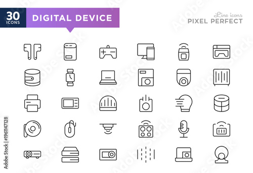 Smart Device line icon set. Gadget, kitchen gadgets, smart speaker, audio, computer, PC, laptop, smartphone icons. Editable vector stroke