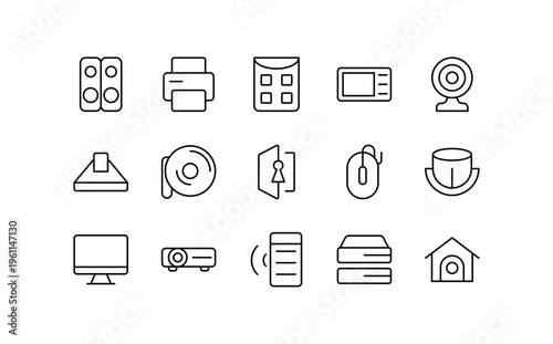 Smart Device line icons. Kitchen gadgets, smart speaker, computer, vector editable stroke