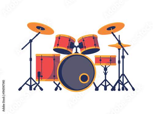 A colorful illustration of a drum set isolated on white background with vibrant orange and dark blue accents