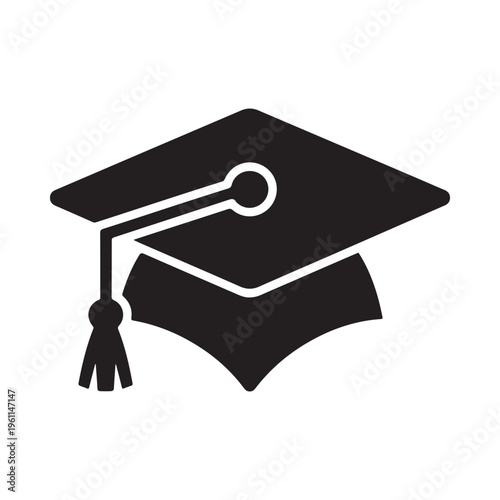 Black graduation cap icon with tassel on a white background for education and academic achievements