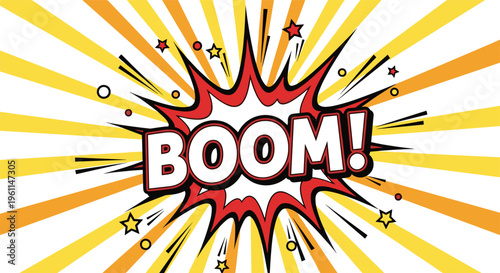 Comic boom explosion in vibrant dynamic colorful comic book style for advertising