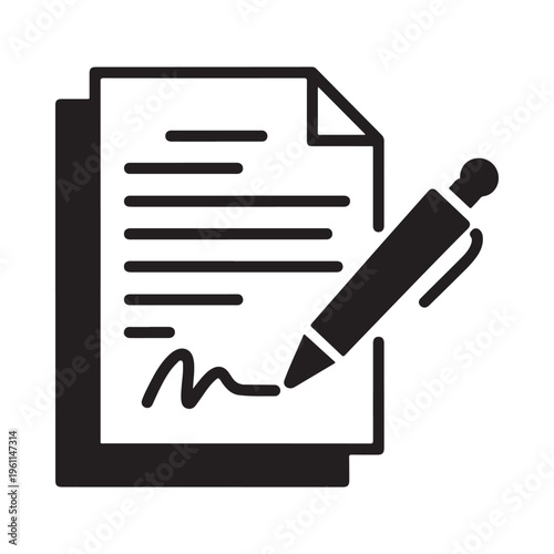 Vector graphic illustration of a document with a pen signing