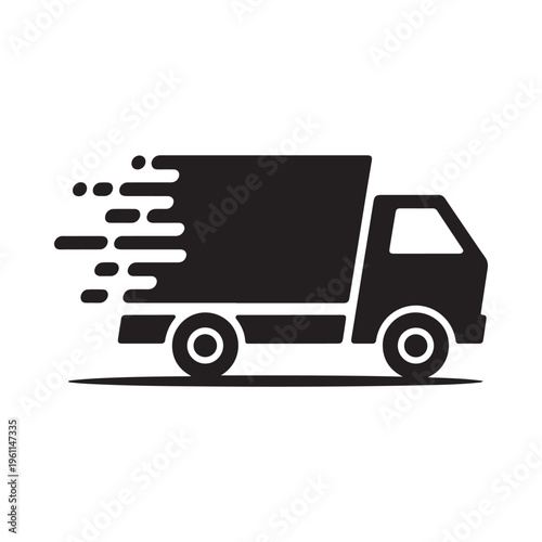 Black vector graphic illustration of a speeding delivery truck