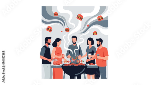 A family gathers around a grill for an Eid al-Adha celebration, preparing traditional foods in a festive atmosphere, perfect for marketing materials related to holidays, food, and family.