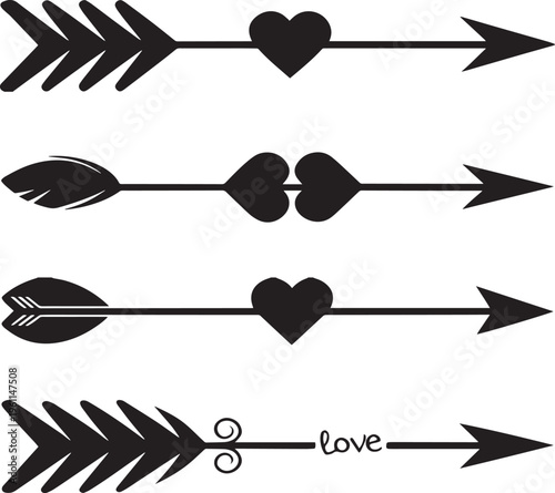 love arrow icon set – heart and arrow vector silhouette design .