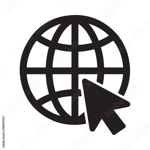 Black vector graphic illustration of a globe with a computer mouse cursor clicking on it symbolizing online navigation and global connectivity