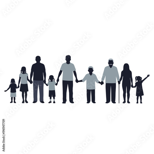 Diverse family holding hands together.