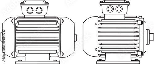 Electric motor icons, vector line drawings for industry, engineering, or power systems, Line Drawing